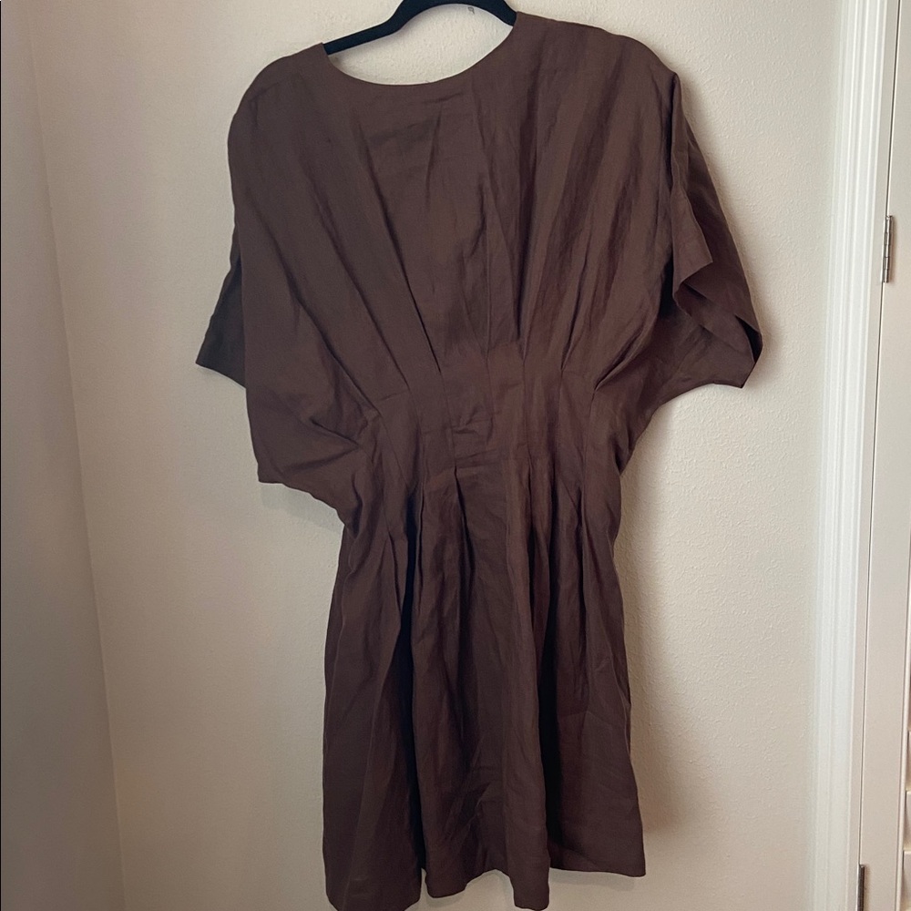 Anthropologie Exquise Amelie Brown Linen Pleated Mini Shirt Dress XL - Picture 5 of 8